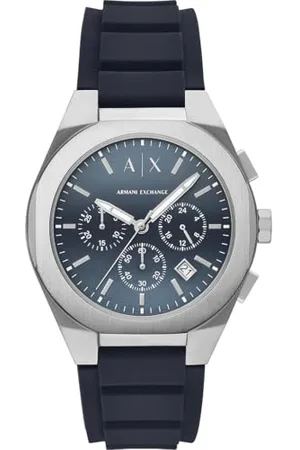 Armani Exchange Zegarek dla mężczyzn mechanizm chronografu i rozmiar koperty 46 mm ze skórą ze stali nierdzewnej lub silikonowym paskiem, NIEBIESKI, pasek
