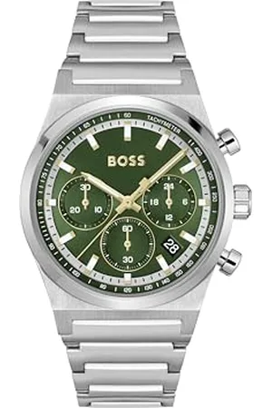HUGO BOSS Chronograf zegarek kwarcowy dla mężczyzn Candor Chrono Collection ze srebrną bransoletką ze stali nierdzewnej - 1514220, ciemnozielony, Jeden rozmiar