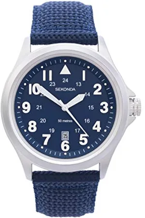 Sekonda Męski zegarek w stylu pilota, 43 mm, z okienkiem daty i nylonowym paskiem, wodoodporny 50 m, , przypadkowy