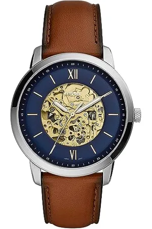 Fossil Zegarek męski Neutra Auto, mechaniczny mechanizm automatyczny, 44mm srebrna obudowa ze stali nierdzewnej ze skórzanym paskiem, ME3160