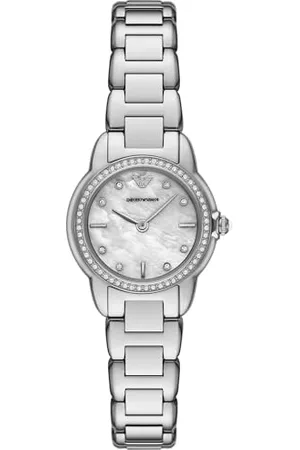 Emporio Armani Zegarek damski z trzema rękami kwarcowymi i 32 mm Case Size with Stainless Steel, Leather or Silicone Strap, Off-white i srebrny odcień, 26MM, bransoletka
