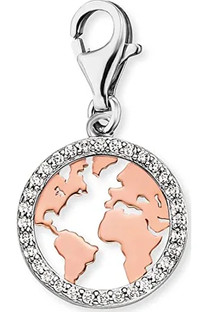 Engelsrufer Damen-Charm in Form einer Weltkarte, aus 925er Sterling Silber, mit Zirkonia Steinen, Karabinerverschluss, Größe: 13,8 x 11,7 cm, ERC-WORLD-BICOR-ZI