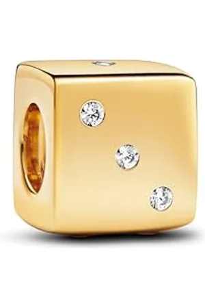 PANDORA Moments Funkelnder Würfel Charm aus Sterling Silber mit vergoldeter Metalllegierung und Zirkonia, Kompatibel mit Moments Armbändern, 293209C01