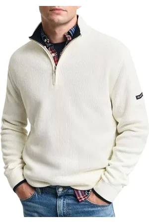 GANT Męski sweter z prążkowaną bawełną, z zamkiem na pół, , XL