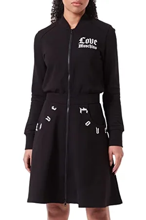 Moschino Damska sukienka z długim rękawem z przodu z podwójnym suwakiem, z kieszeniami i nadrukiem gotyckim logo, , 44