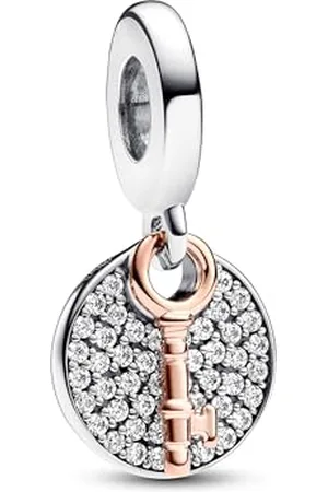 PANDORA Moments Bicolor Schlüssel zum Glück Doppelter Charm-Anhänger aus Sterling Silber mit rosévergoldeter Metalllegierung, Kompatibel mit Moments Armbänder, 783236C01