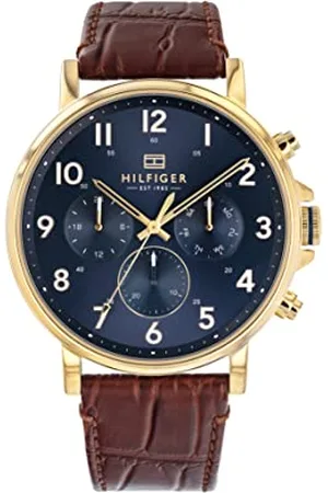 Tommy Hilfiger Analogowy wielofunkcyjny zegarek kwarcowy dla mężczyzn z czarnym lub brązowym skórzanym paskiem, Brązowy, pasek