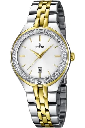 Festina Damski zegarek kwarcowy z białą tarczą analogową i srebrną bransoletą pozłacaną ze stali nierdzewnej F16868/1, , Bransoletka