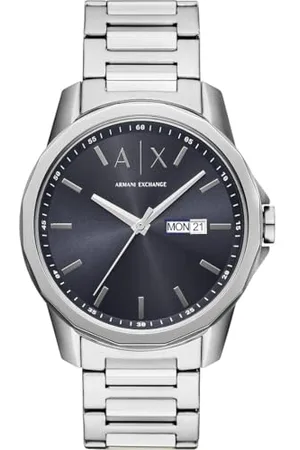 Armani Exchange Zegarek męski, mechanizm automatyczny i rozmiar koperty 46 mm z bransoletką ze stali nierdzewnej, skóry lub silikonu, Ciemnoszary i jasny odcień srebra, 44MM, bransoletka