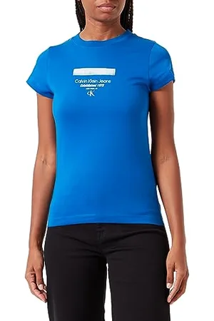 Calvin Klein Jeans Damska koszulka z logo w paski nowoczesna prosta koszulka S/S T-shirty, , XXL