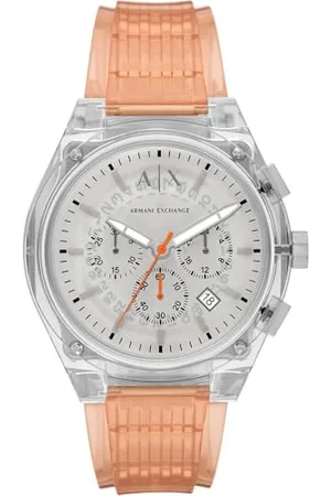 Armani Exchange Zegarek męski, mechanizm chronografowy i rozmiar koperty 46 mm z bransoletką ze stali nierdzewnej, skóry lub silikonu, Odcień srebra i jasny róż, 44MM, Pasek