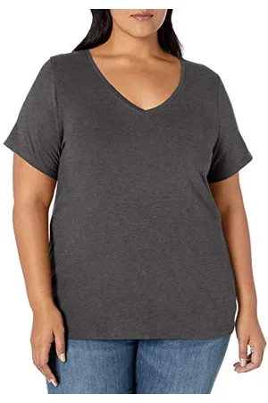 Amazon Damski T-shirt z krótkim rękawem z dekoltem w serek (dostępna w dużych rozmiarach), grafitowy melanż, 6XL, duże rozmiary