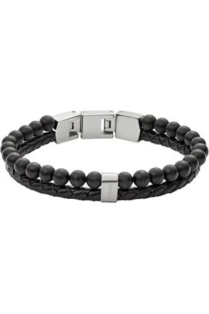 Fossil Vintage Casual Armband für Herren aus Leder mit Achat Steinen in der Farbe Schwarz, 18cm, JF02763040