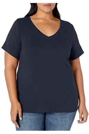 Amazon Damski T-shirt z krótkim rękawem z dekoltem w serek (dostępna w dużych rozmiarach), granatowy, 5XL, duże rozmiary