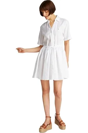 Tommy Hilfiger Damska krótka sukienka ESS LINEN S/S WW0WW44672, biała, 38, , 64