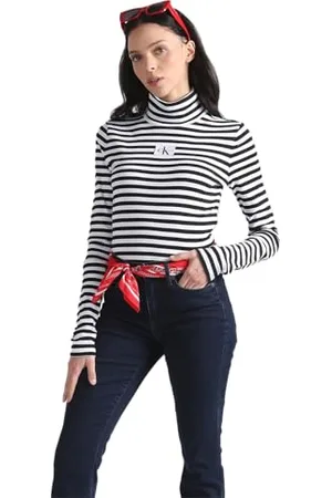 Calvin Klein Jeans Damskie topy z dzianiny w paski, Ck Czarny/Jasny Biały, XXS