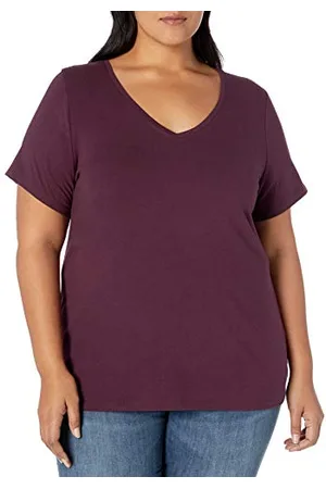 Amazon Damski T-shirt z krótkim rękawem z dekoltem w serek (dostępna w dużych rozmiarach), bordowy, 4XL duże rozmiary