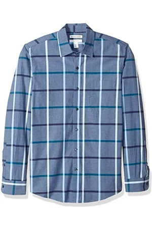Amazon Męska koszula z długim rękawem i popeliną, denim, w kratę, XS