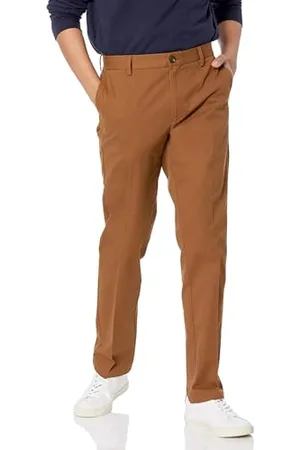 Amazon Męskie spodnie chinosy o wąskim kroju, odporne na zagniecenia, z płaskim przodem, ciemnobrązowe khaki, 36 szer. x 29 dł