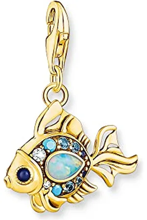 Thomas Sabo Charm-Anhänger bunter Fisch aus hochwertigem 925er Sterlingsilber mit 750er Gelbgold-Vergoldung, mit Steinen in Weiß, Türkis, Blau und Opaloptik, Maße: 25 x 18.8 mm, 1921-959-7