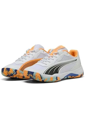 PUMA Unisex NOVA Court buty tenisowe, białe czarno-żywe niebieskie - Heat FIRE, 4 UK, Biały Czarny Żywy Niebieski Ciepło Ogień, 37 EU