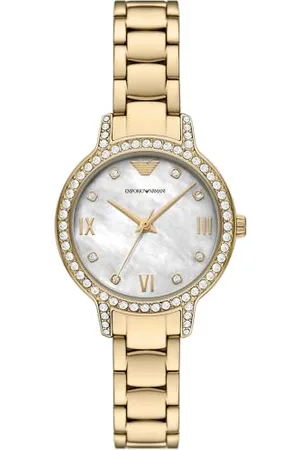 Emporio Armani Zegarek dla kobiet, mechanizm kwarcowy z trzema rękami i rozmiar obudowy 32 mm z paskiem ze stali nierdzewnej, skórzanym lub silikonowym paskiem, Złoty, bransoletka