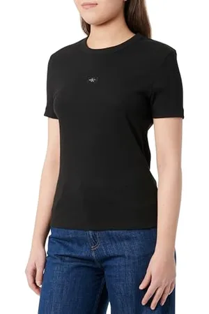 Calvin Klein CK JEANS Damska TKANA ETYKIETA RIB FITTED TEE J20J225245, Czarna (Ck Black), L, , L