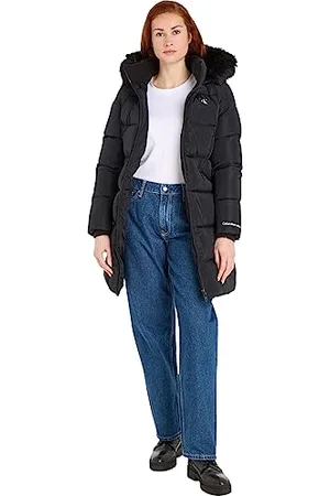 Calvin Klein Jeans Damskie płaszcze ze sztucznego futra z kapturem, dopasowane, długie, wyściełane płaszcze JKT, , XXL