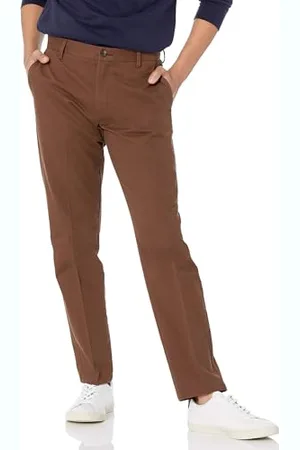 Amazon Męskie spodnie chinosy slim fit, odporne na zagniecenia, z płaskim przodem, brązowe, 35 W x 28 L