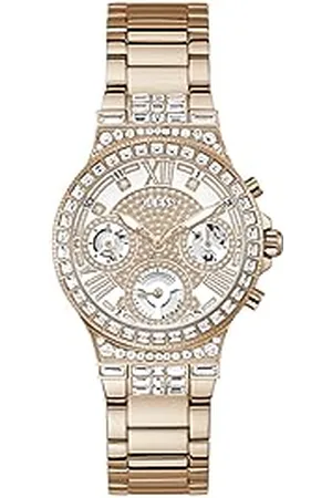 Guess Damski sportowy wielofunkcyjny zegarek z kryształkami 36 mm – koperta i bransoletka ze stali nierdzewnej w kolorze różowego złota, , Jeden