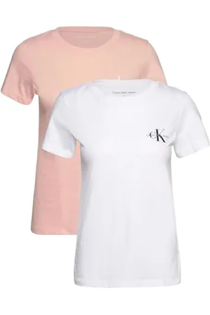 Calvin Klein CK JEANS Damska 2-pak MONOLOGO SLIM TEE J20J219734, Różowa (Srebrna Piwonia/Brilliant White), S, Różowy (srebrna piwonia/brylantowa biel), S