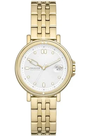 Skagen Zegarek sygnaturowy dla kobiet, mechanizm kwarcowy ze stali nierdzewnej lub skórzanej, Odcień złota i biel, 34MM, bransoletka
