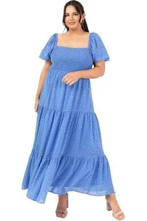 Lovedrobe Damska sukienka Midaxi z krótkim rękawem, kwadratowa szyja, wiązana z tyłu, wiązana w kratkę, linia A Gingham Milkmaid Cottagecore, Bleu 44, , 38