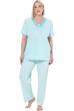 Ulla Popken Piżama damska, duże rozmiary, plus size, satynowe detale, poranny wzrost, , 50-52 Duże rozmiary