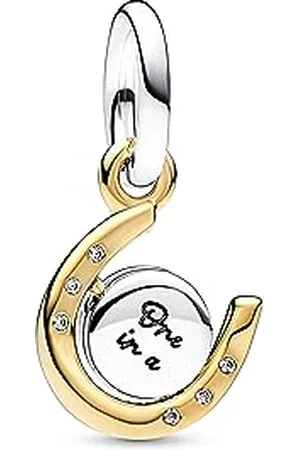 PANDORA Moments Bicolor Drehende Hufeisen-Scheibe Charm-Anhänger aus Sterling Silber mit 14 Karat vergoldeter Metalllegierung, Zirkonia, Kompatibel Moments Armbänder, 762713C01