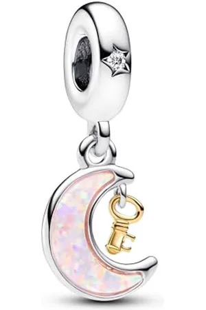PANDORA Moments Bicolor Schlüssel & Mond Charm-Anhänger aus Sterling Silber mit vergoldeter Metalllegierung, Zirkonia, Kompatibel Moments Armbändern,762985C01