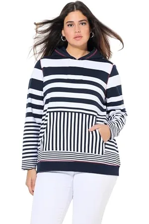 Ulla Popken Damska bluza z kapturem, duże rozmiary, duże rozmiary, w paski, z kieszenią typu kangurka, , 58-60 Duże rozmiary