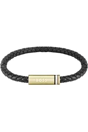 HUGO BOSS Biżuteria męska ARES pojedyncza kolekcja bransoletka z czarną skórą i złotym zapięciem ze stali nierdzewnej - 1580624, Jeden rozmiar, Skóra, Bez kamieni szlachetnych