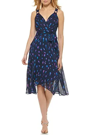 DKNY Damska sukienka kopertowa Fuax z rękawami, Niebieski Multi, 32