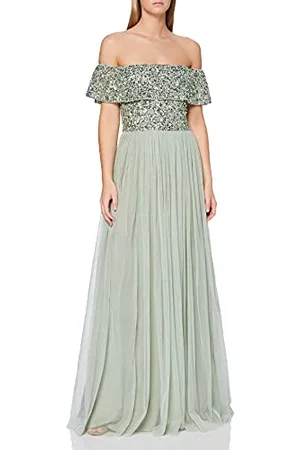 Maya Deluxe Damska Mglisty Zielony Bardot Zdobiona Sukienka Maxi Druhna, , 32