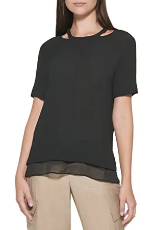 DKNY Womens S/S CUT OUT NECK TOP W/CHIFFON HEM, Black, Medium US