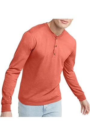 Hanes Comfortblend Originals T-Shirt, Long Sleeve Cotton Henley Tees for Men, RED River Clay, Small