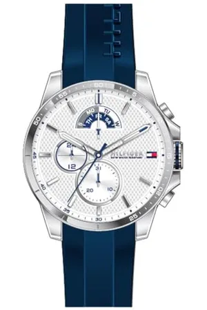 Tommy Hilfiger Analogowy wielofunkcyjny zegarek kwarcowy dla mężczyzn 48 mm - cyferblat, niebieska bransoletka silikonowa, 3 tarcze dolne, wodoszczelny do 5 ATM - 1791349, , Nowoczesny