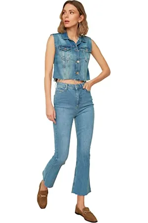 Trendyol Blue Road Disconnected High Waist Crop Flare Jeans Kobiety, , 36