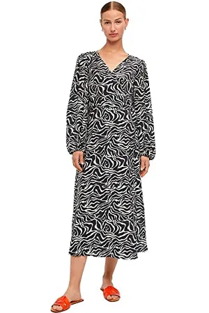 Object Objleonora L/S Wrap Midi Sukienka Noos Damska Sukienka, Czarny/Aop:sandshell Animal, 32