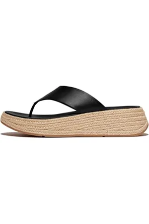 FitFlop Damskie sandały typu F Espadrille skórzane płaskie T/Post, czarne, 4 UK, , 37 EU