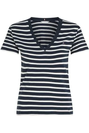 Tommy Hilfiger Damskie nowe szczupłe topy z dekoltem w serek Ss S/S dzianinowe topy, Breton Stp/Niebo Pustynne/Ecru, XXS