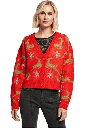 Urban classics Damski kardigan damski z dzianiny, krótki oversize, świąteczny kardigan, bluza z bożonarodzeniowym motywem renifera dostępna w 2 wariantach kolorystycznych, rozmiary XS - 5XL, , L