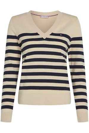 Tommy Hilfiger Damski sweter CO Jersey Stitch V-NK WW0WW40098 Sweter, biały, XXS, Biały (Her Stp Dark Night Navy/Country Iv), XXS