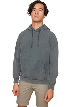 Trendyol Męska bluza z kapturem Anthracite Oversize Long Sleeve Acid Wash Hooded Sweatshirt, XS
